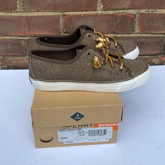 Sperry Top Sider Taupe & Gold Sparkle Seacoast Canvas Sneakers Size 5.5 NEW - Picture 9 of 9